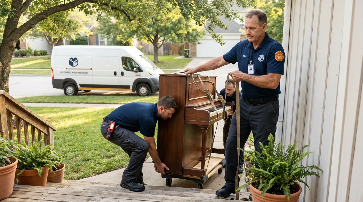 Licensed piano movers securing grand piano in Cameron, MO