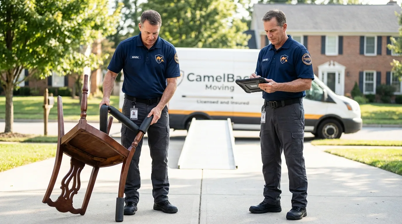 Movers inspecting furniture for damage prevention before loading in Cameron, MO
